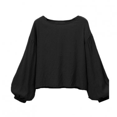 Plus Size New Womens Elegant Long Bishop Sleeves Solid Loose Basic Shirt Tops Autumn O-Neck Casual B