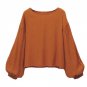 Plus Size New Womens Elegant Long Bishop Sleeves Solid Loose Basic Shirt Tops Autumn O-Neck Casual B