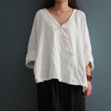 CELMIA Plus Size M 5XL Women Solid V Neck Plate Buttons Long Sleeve Blouse 2018 Spring Retro Loose H