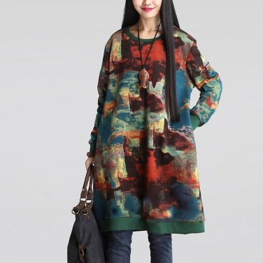 Brand Plus Size 2017 New Autumn Women Vintage Floral Print Dress Casual Loose Long Sleeve Cotton Lin