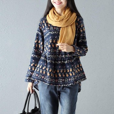 2018 Celmia Women Spring Vintage O Neck Long Sleeve Floral Cotton Linen Loose Blouse Ruffles Shirt P