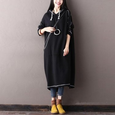 2018 Winter Celmia Women Drawstring Hooded Long Sleeve Pockets Stripe Split Hem Pullover Long Sweats