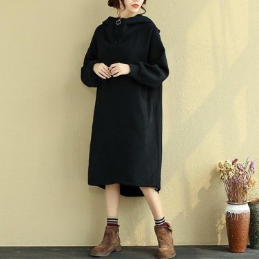 Plus Size 2018 Celmia Vintage Hooded Winter Women Irregular Sleeve Fleece Long Sweatshirt Dress Loos