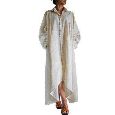 Celmia Women Lapel Neck Long Sleeve Buttons Solid Pockets Long Shirt Dress Loose Cotton Linen Irregu