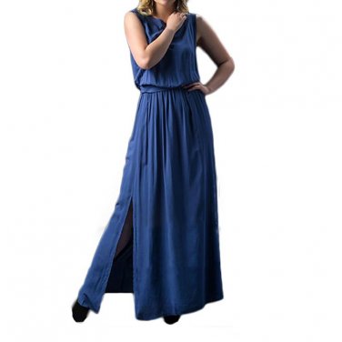 L-6XL Plus Size Women Summer Maxi Dress Sleeveless O-neck Side Split Long Dresses Pockets Vestidos B
