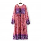 Women Floral Printed Boho Summer Long Beach Dress Lace Up V Neck Lantern Sleeve Casual Loose Dress P
