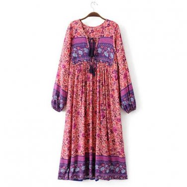 Women Floral Printed Boho Summer Long Beach Dress Lace Up V Neck Lantern Sleeve Casual Loose Dress P