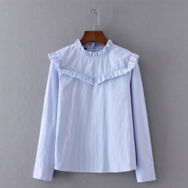 Fashion 2017 Spring Elegant Blue Shirts  Ruffle Ruched Pinstripe Woman blouses Stand Collar Long Sle