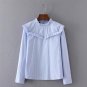Fashion 2017 Spring Elegant Blue Shirts  Ruffle Ruched Pinstripe Woman blouses Stand Collar Long Sle