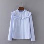 Fashion 2017 Spring Elegant Blue Shirts  Ruffle Ruched Pinstripe Woman blouses Stand Collar Long Sle