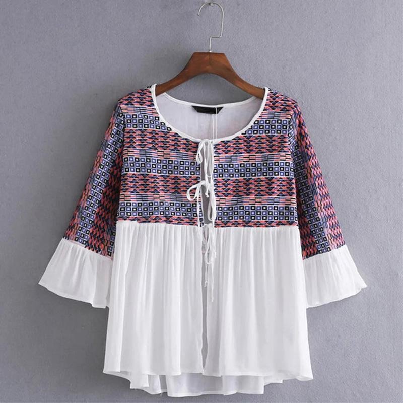 Hit Color Round Neck Embroidery Blouse Shirts Plus Size Three-Quarter Sleeve Pleated Women Tops Caus