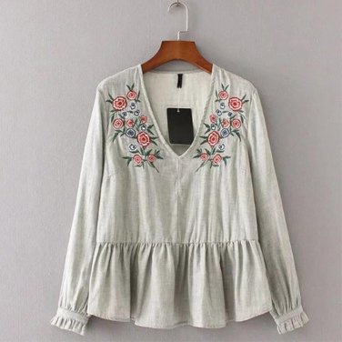 2017 Autumn Floral Embroidery Blouses Deep V Long Sleeve Shirts Ruched Women Tops plus Size European