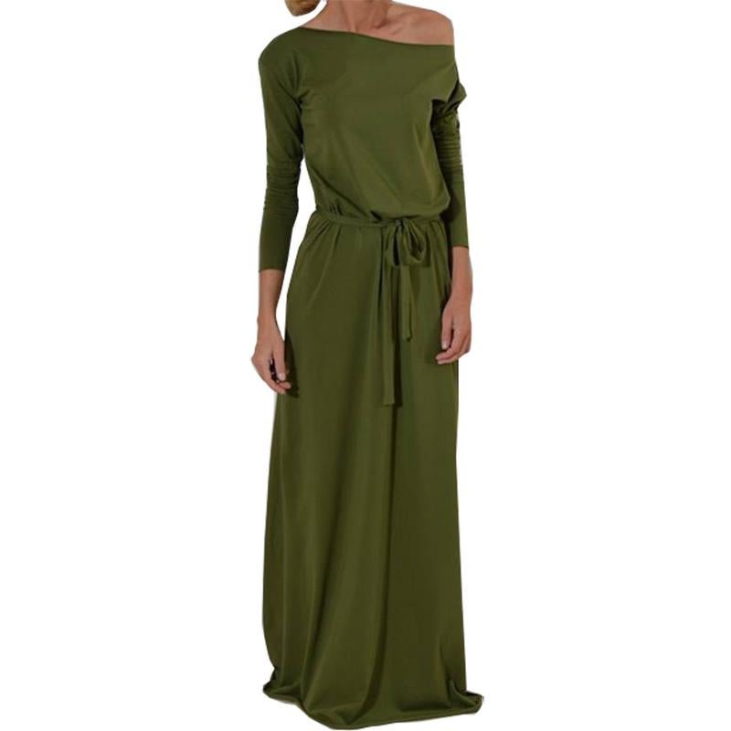 Women Long Maxi Dress Slash Neck Sashes Winter Autumn Dresses Casual Long Sleeve Solid Vestido De Fe