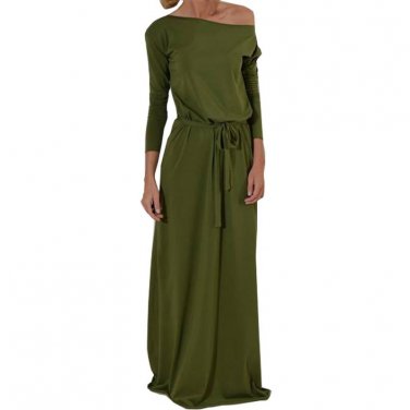 Women Long Maxi Dress Slash Neck Sashes Winter Autumn Dresses Casual Long Sleeve Solid Vestido De Fe
