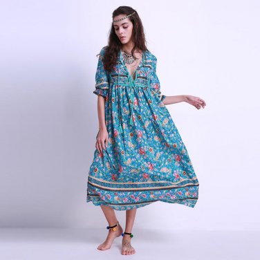 Plus Size 5XL Women Boho Chiffon Maxi Long Dress Vintage Long Sleeve Tie V Neck Loose Casual Beach D