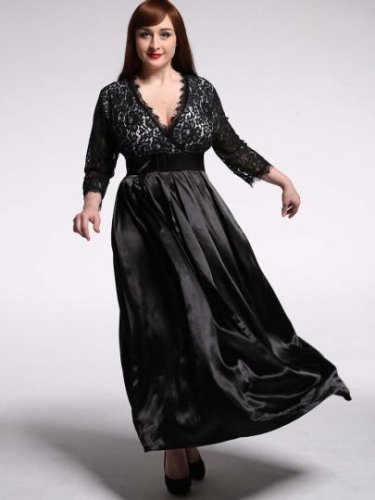Black Plus Size Lace Patchwork Women\'s Maxi Dress
