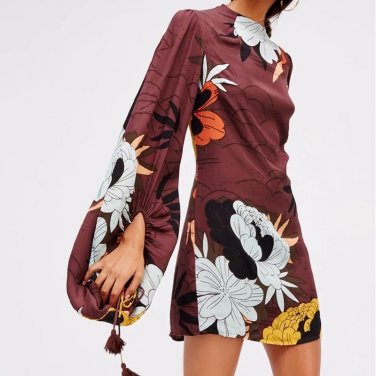 Summer Dress 2017 Women Drawstring Long Sleeve Stand Collar Sexy Backless Printed Dress vestido Plus