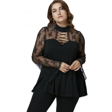 Long Flare Sleeve Womens Patchwork Blouse Femme Plus Size Lace Up Sexy Mesh Tops 2017 Summer Ladies 
