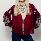 2017 Vintage  Deep V Neck Embroidery Tassels Shirt Lantern Sleeve Causal Women Loose Ethnic Blouse T
