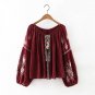 2017 Vintage  Deep V Neck Embroidery Tassels Shirt Lantern Sleeve Causal Women Loose Ethnic Blouse T
