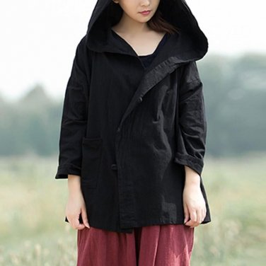 Oversized Women Casual Kimono Blouses Vintage Hooded Long Sleeve Button Female Blouse Retro Plus Siz