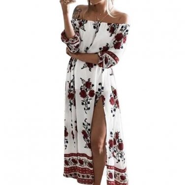 Summer Boho Dress Slash Neck Off shoulder Sexy Split Maxi Dresses 2017 Floral Printed Women Party Ve