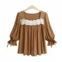 Blusas Femininas 2017 Women Blouse Lace Patchwork Chiffon Shirts Sexy Flare Sleeve Square Collar Bow