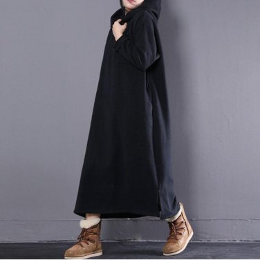 Plus Size Women Noemcore Hooded Buttons Pockets Sweatshirt Dress Long Batwing Sleeve Split Vintage V