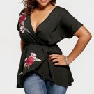 2017 Women Retro Embroidery Deep V Neck Short Sleeve Summer Black T-Shirt Asymmetrical Tops Casual B