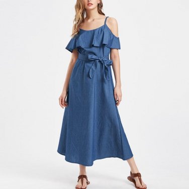 Plus Size Women Maxi Long Dress Off Shoulder Strap Elegant Loose Ruffles Dresses Casual Lace Up Summ