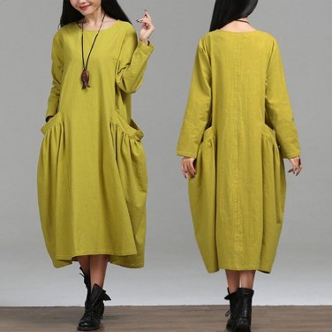 Plus Size Women Dress Long Sleeve Round Neck Maxi Long Winter Dresses Casual Female Vintage Loose Ov