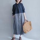 Women Fashion Autumn Cotton Linen Dress Long Maxi Dresses Long Sleeve Casual Loose Striped Shirt Dre