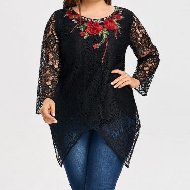 Plus Size XL-5XL Black Lace Blouse 2018 Spring Floral Embroidery Printed Blusas Long Sleeve Casual L