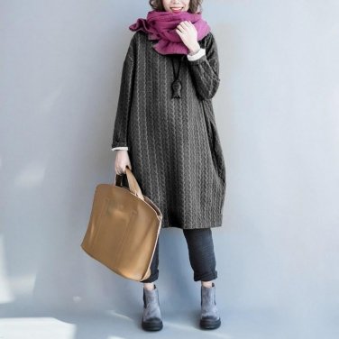 Celmia S-5XL Plain Women Oversized Loose Round Neck Baggy Winter Knee Length Casual Shirt Dress Kaft