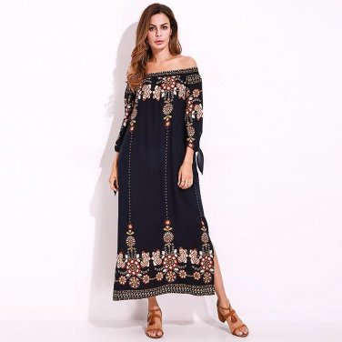 Boho Style Women Maxi Dress Floral Print Elegant Shift Dress Long Tie Sleeve Off Shoulder Sexy Long 