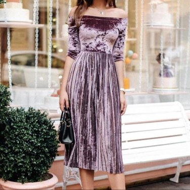 Slash Neck Elegant Velvet Pleated Dress Winter Women Lady Party Midi Dresses Spring Off Shoulder Aut