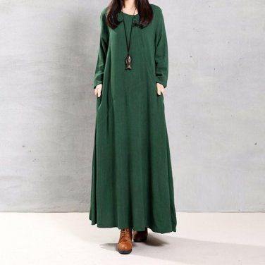 Plus Size 2018 Spring Autumn Women Vintage Maxi Long Dress Long Sleeve Casual Loose Solid Cotton Dre