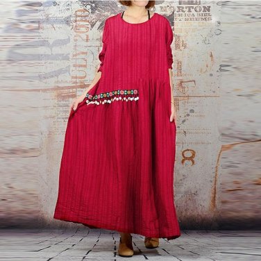 2017 Spring Women Vintage Ankle-length Dress Ladies Loose Casual Long Sleeve Embroidery Solid Maxi L