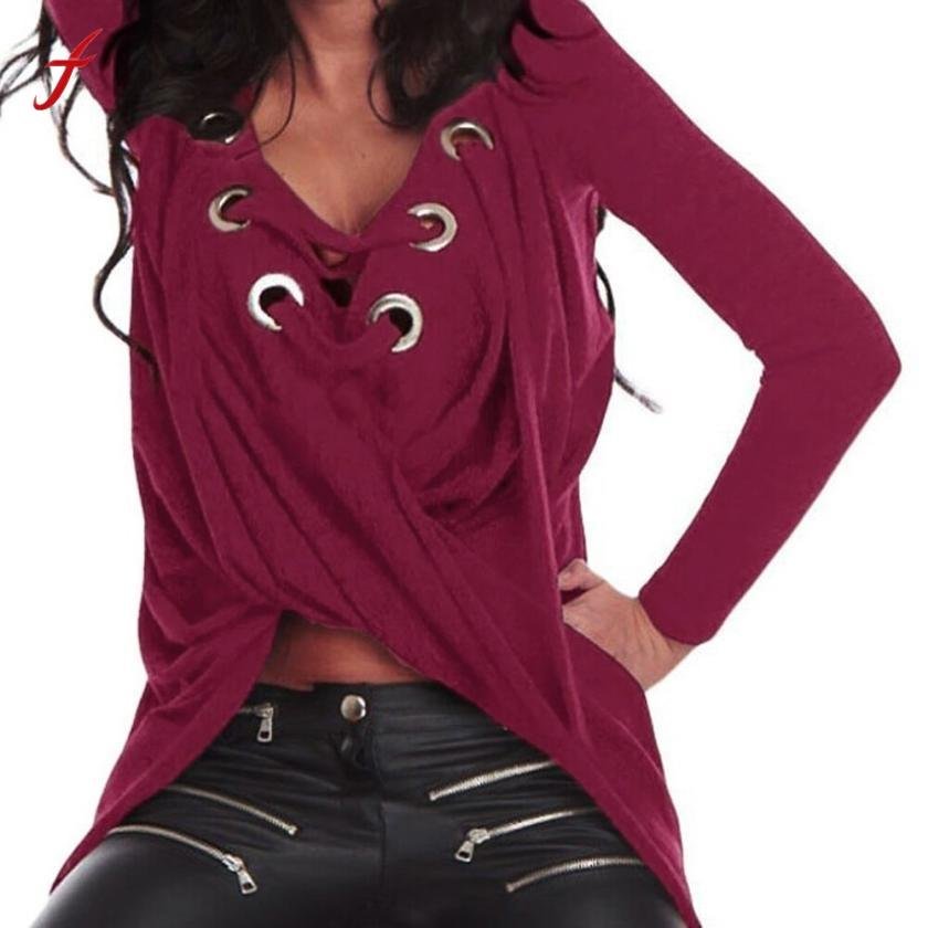 Plus Size Women Clothing Sexy V Neck T-Shirt Women Long Sleeve Short in front long Back Casual T Shi