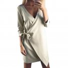 Fashion Design Women Casual Solid Stylish V Neck Wrapped Mini Dress Ladies long sleeve plus size wom