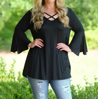 Plus Size Blouse Fashion Front Cross Women Tops Long Flare Sleeve Casual Soft Shirt Blouse blusas mu