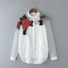 Women White Blusas Feminina Organza Flower Embroidery Mesh Hollow out Long Sleeve Shirt Blouse Cloth