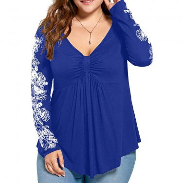 Plus Size Summer Lady Flowers Womens Long Sleeve T-shirt Casual Top Blouse