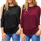 Women\'s Round Neck 3/4 Sleeve T-shirt Strapless Loose Blouse Plus Size Tops