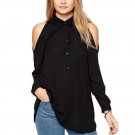 Women off shoulder long shirts sexy chiffon tops turn down collar blouse long sleeve casual plus siz