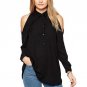 Women off shoulder long shirts sexy chiffon tops turn down collar blouse long sleeve casual plus siz