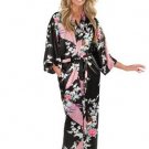 Brand New Black Women Silk Kimono Robes Long Sexy Nightgown Vintage Printed Night Gown Flower Plus S