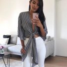 Women Kimono Loose Cardigan Shirt Cotton Black V Neck Striped Print Blouse With Bow 2017 Fashion Lad