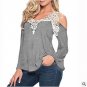 Plus Size M-5xl New Woman T-shirt Loose V-neck Sexy Long Sleeve T-shirts Fashion Strapless Lace Stit