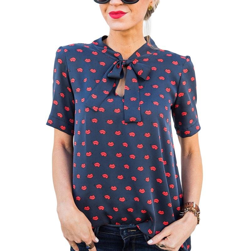 2017 Chiffon Blouse New Fashion Red Lips Printed Shirt Women Casual Lace up Short Sleeve Women Blous